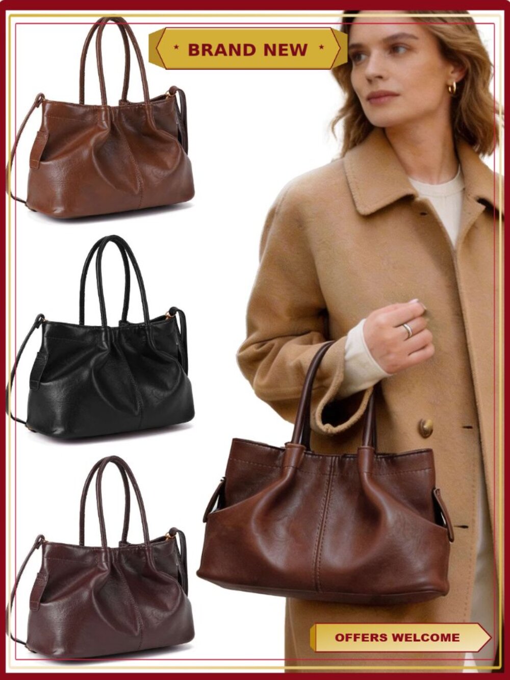 LAVA Large Capacity Vintage Hobo Bag Retro PU Leather 2-Way Shoulder Crossbody
